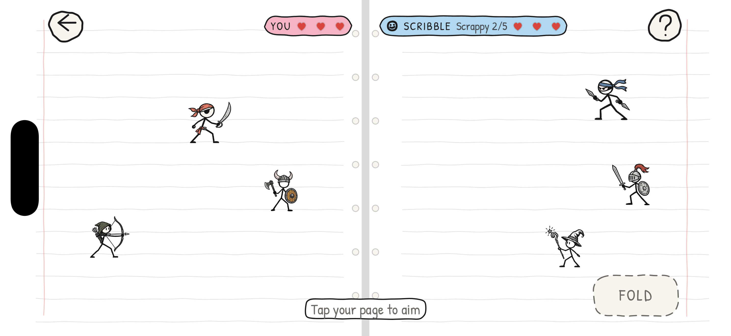Stickman Battle on a phone turned sideways: your three stickmen on the left page, Scribble's three on the right, the notebook's rings down the fold between them.