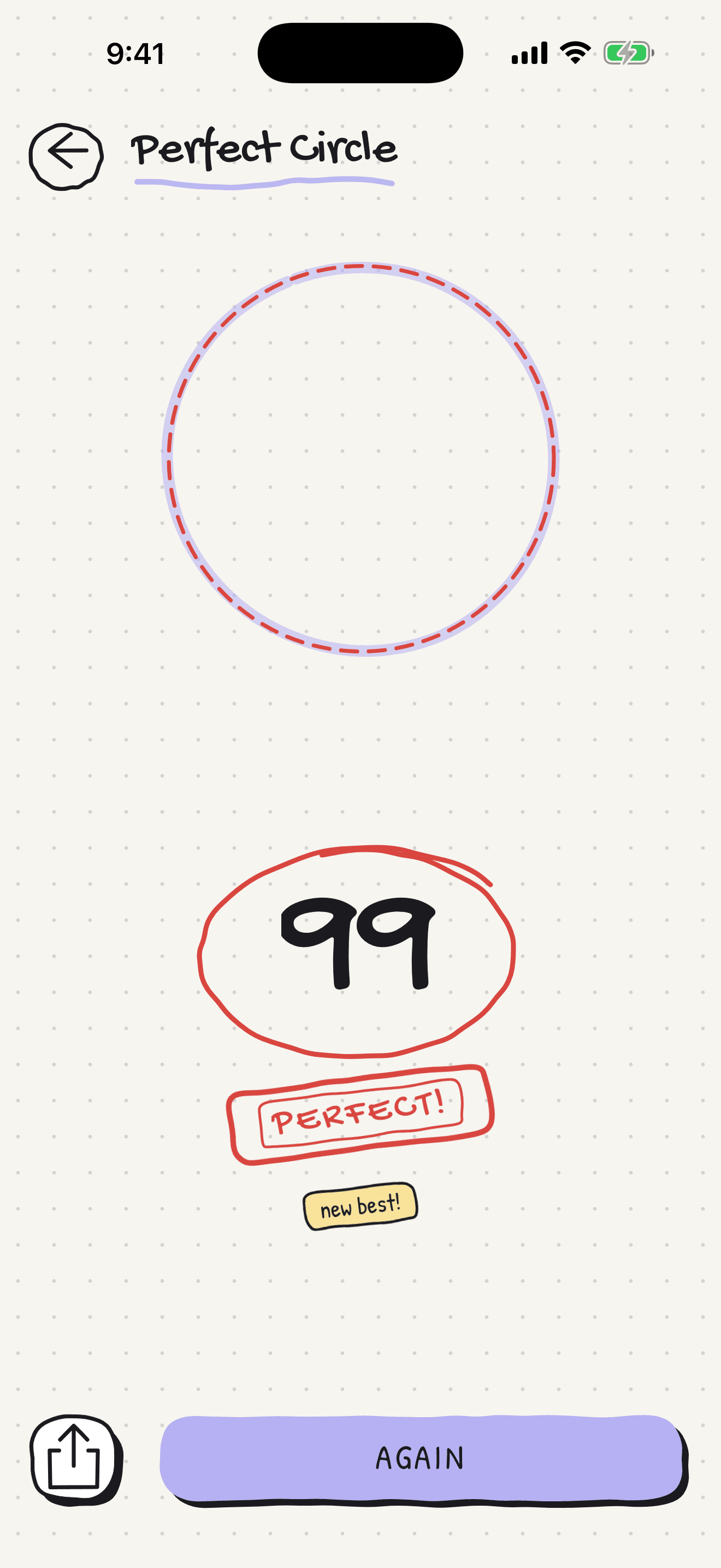 A Perfect Circle result screen: the drawn circle under a dashed red ideal, the score 99 circled in red pen, stamped PERFECT, with a new best sticker.